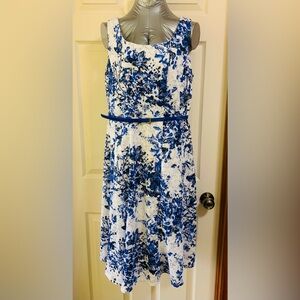 Floral Blue and White Dress with Belt